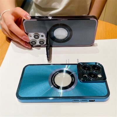 Electroplated Phone Case Luxury Plating CD Pattern Magsafe Bracket Case For  12 13 14 Pro Max Invisible Camera Stand Holder Lens Holder Magnetic Suction - Image 7