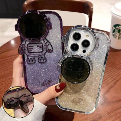 Glitter Astronaut Camera Stand Phone Case For I14 13 12 11 Pro Max XR 14 Plus Invisible Lens Bracket Plating Soft Cover - Image 2