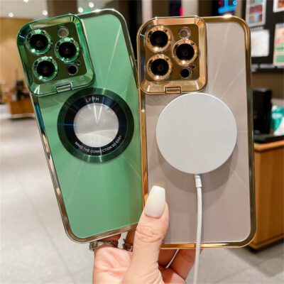 Electroplated Phone Case Luxury Plating CD Pattern Magsafe Bracket Case For  12 13 14 Pro Max Invisible Camera Stand Holder Lens Holder Magnetic Suction - Image 10